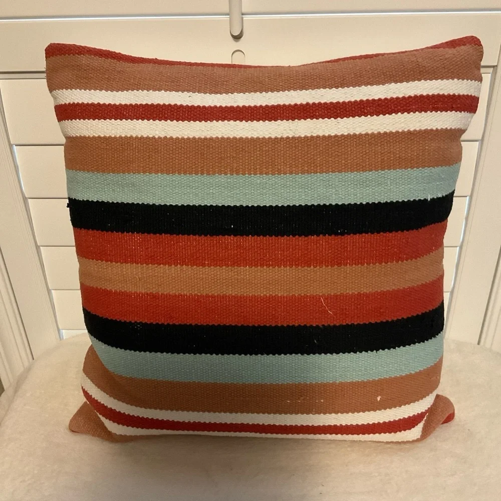 Striped Accent Pillow in Rust, Black & Light Blue